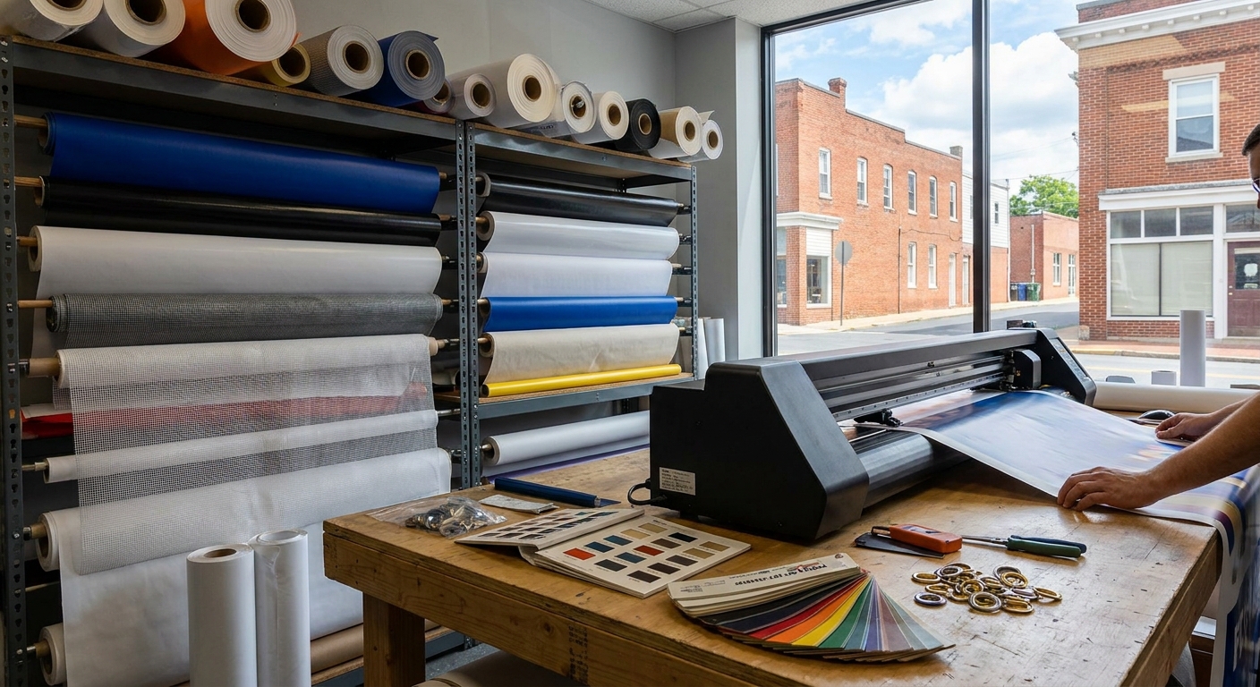 Banner material options for Harrisonburg businesses including vinyl, mesh, and fabric in real-world settings